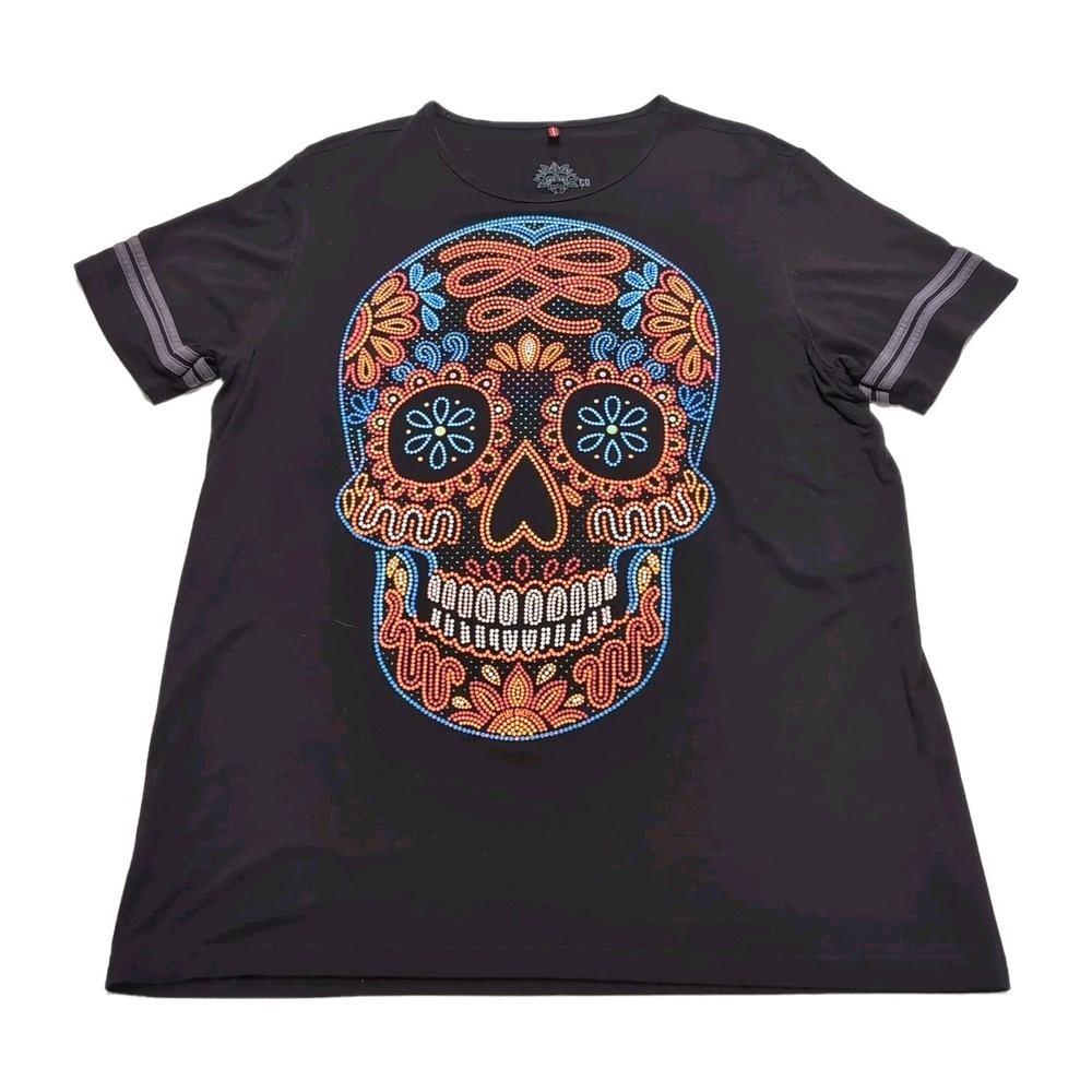 Sugar Skull Embellished T-Shirt Womens L Black/Multicolor Long Day of the Dead - Picture 4 of 13